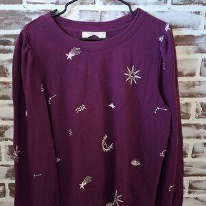 Ann Taylor LOFT Large Sweatshirt Purple White Embroidered Stars